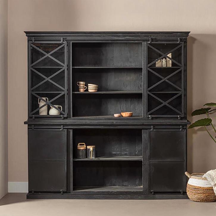 Buffetkast Mangohout Milan 200 X Zwart, Huis en Inrichting, Kasten | Buffetkasten, 25 tot 50 cm, Nieuw, Overige houtsoorten, 200 cm of meer