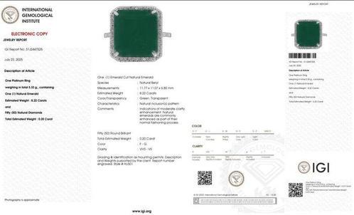 Ring Platina - 8.42ct. tw. Smaragd - Diamant, Handtassen en Accessoires, Ringen