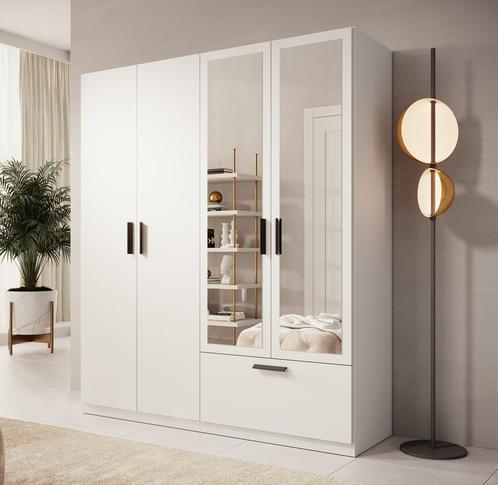 Meubella | Kledingkast 180cm wit met spiegel 1 lade, Huis en Inrichting, Kasten | Overige, Nieuw, Verzenden