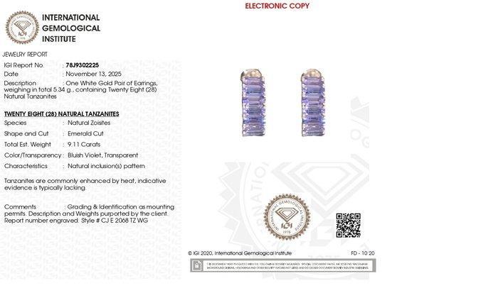 Oorbellen - 14 karaat Witgoud - 9.11ct. tw. Tanzaniet -, Handtassen en Accessoires, Oorbellen