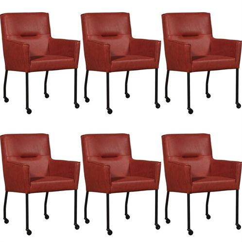 Set van 6 Rode leren moderne eetkamerstoelen - Vintage Leer, Huis en Inrichting, Stoelen, Overige kleuren, Vijf, Zes of meer stoelen