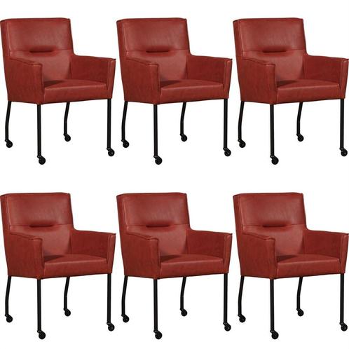 Set van 6 Rode leren moderne eetkamerstoelen - Vintage Leer, Huis en Inrichting, Stoelen, Overige kleuren, Vijf, Zes of meer stoelen