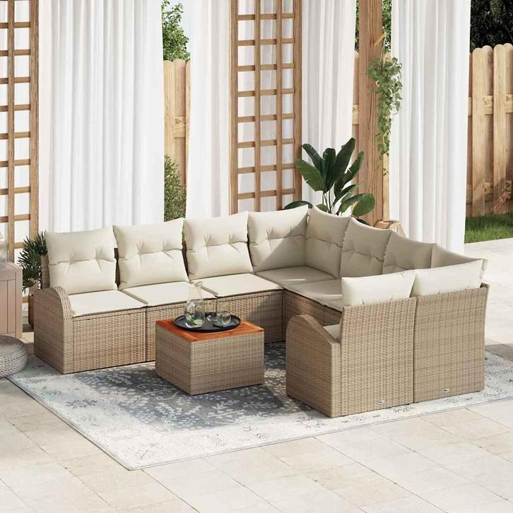 vidaXL Tuinbank Set 9 pcs Beige Poly rattan, Tuin en Terras, Tuinsets en Loungesets, Nieuw, Verzenden