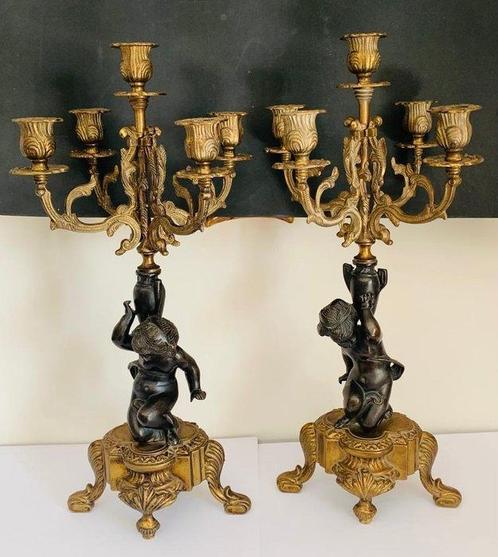 Paire de putti candélabres en bronze (2), Antiquités & Art, Curiosités & Brocante