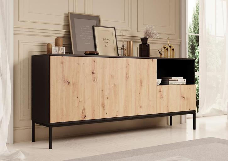 Meubella | Dressoir eiken met zwart 180cm | Opbergkast, Huis en Inrichting, Kasten | Dressoirs, 25 tot 50 cm, Nieuw, 150 tot 200 cm