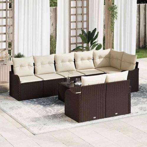 vidaXL Tuinbank Set met kussen 9 pcs Bruin, wit Poly rattan, Tuin en Terras, Tuinsets en Loungesets, Nieuw, Verzenden