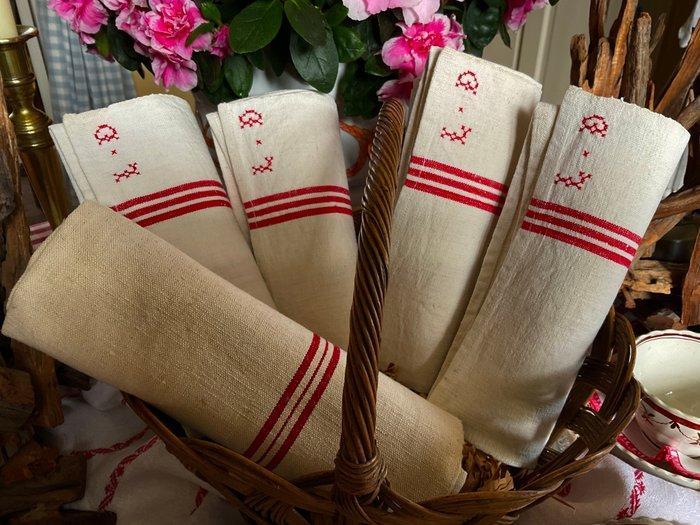 5 linnen theedoeken uit de late 19e eeuw met initialen L.D., Antiek en Kunst, Antiek | Tapijten, Tafelkleden en Textiel