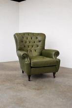 Poltrona Inglese Wingback in Pelle Verde, stile, Antiek en Kunst