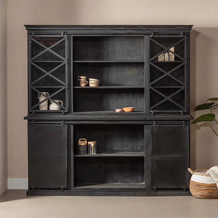 Buffetkast Mangohout Milan 160 Met Dubbele Deurtjes X Zwart, Huis en Inrichting, Kasten | Buffetkasten, 25 tot 50 cm, Nieuw, Overige houtsoorten