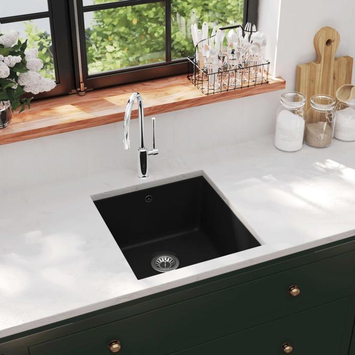 vidaXL Gootsteen enkele bak graniet zwart, Huis en Inrichting, Keuken | Keukenelementen, Nieuw, Verzenden