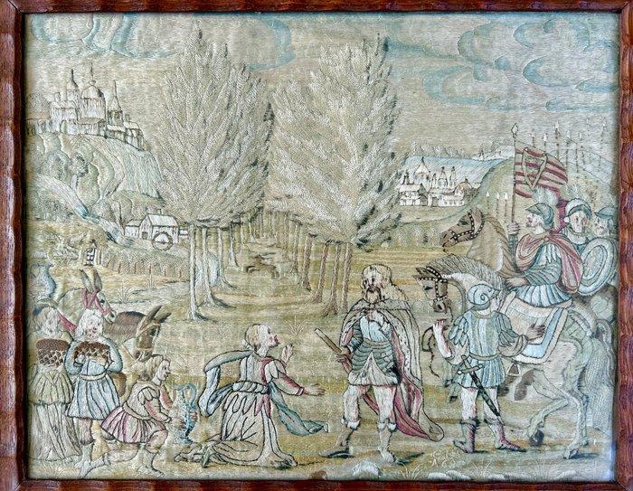 19e eeuw - Broderie - 38 cm - 46 cm - Représentation, Antiek en Kunst, Antiek | Overige Antiek