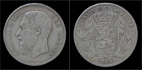 Belgium Leopold Ii 5 frank 1869 zilver, Timbres & Monnaies, Monnaies | Europe | Monnaies non-euro, Envoi