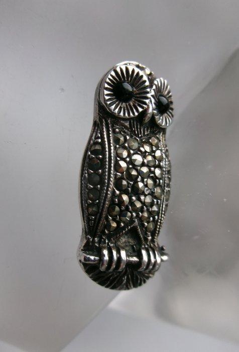 Zilver, Onyx & Marcasites - Broche - Uil in Art Deco-stijl, Antiek en Kunst, Kunst | Designobjecten