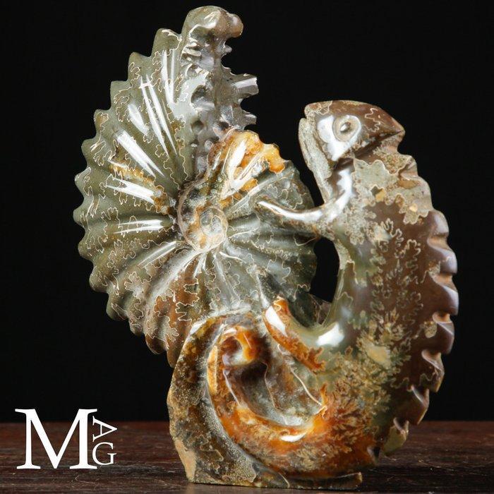 Fossil Sculpture Uitgehouwen Cleoniceras ammoniet met iguana, Antiek en Kunst, Curiosa en Brocante