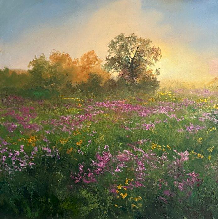 Emre Kinali - Field of spring flowers, Antiek en Kunst, Kunst | Schilderijen | Klassiek