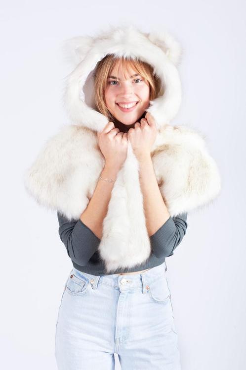 Poncho Cape Witte Wolf Hood Muts Bontjas Oortjes Bont Spirit, Kleding | Dames, Hoeden en Petten, Nieuw, Ophalen of Verzenden