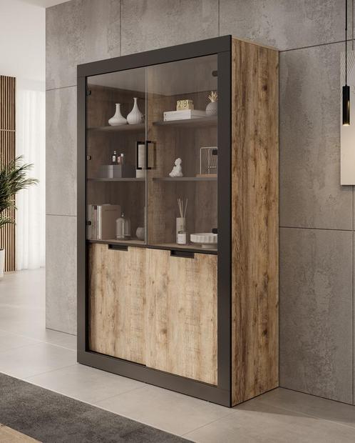 Meubella | Buffetkast eiken 120cm Vitrinekast 2 schuifdeuren, Huis en Inrichting, Kasten | Buffetkasten, 25 tot 50 cm, Nieuw, 100 tot 150 cm