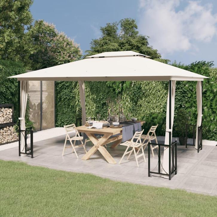 vidaXL Prieel met zijwanden en dubbel dak 3x4 m crèmekleurig, Tuin en Terras, Partytenten, Nieuw, Verzenden