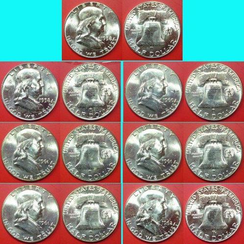 États-Unis. A Lot of 7 Franklin Half Dollars 1958-1962, Postzegels en Munten, Munten | Europa | Niet-Euromunten