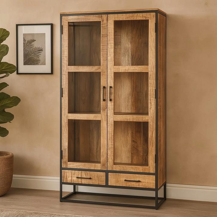 Vitrinekast Mangohout Owen 95 cm, Huis en Inrichting, Kasten | Vitrinekasten, 25 tot 50 cm, Nieuw, Overige houtsoorten, 150 tot 200 cm