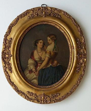 Franse school (XIX) - Two young beautiful Biedermeier Girls, Antiek en Kunst, Kunst | Schilderijen | Klassiek