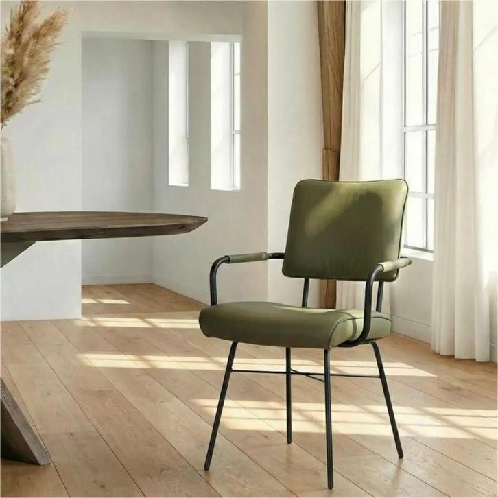 Leren eetkamerstoel Solid met armleuning - Toledo Olive, Huis en Inrichting, Stoelen, Nieuw, Leer, Ophalen of Verzenden