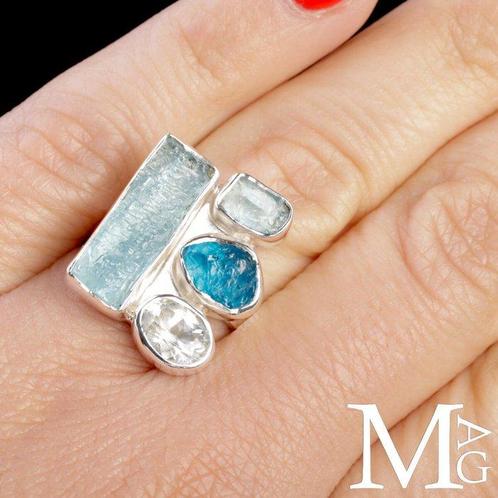 Bague en argent avec aquamarine naturel et apatite - Bijou, Verzamelen, Mineralen en Fossielen