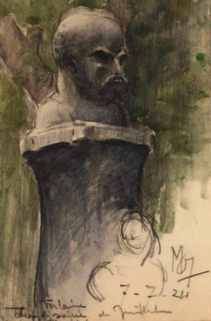 École Française (c. 1920) - Le buste de Paul Verlaine - NO, Antiek en Kunst, Kunst | Schilderijen | Klassiek