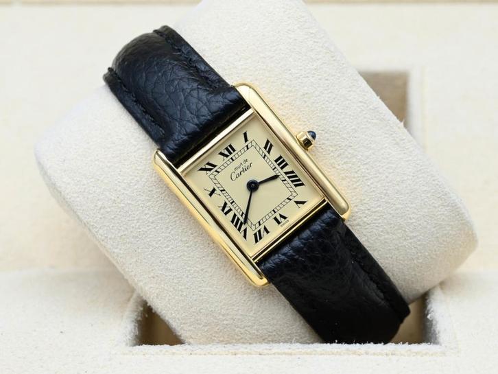 Cartier Tank Ref. 366001 Year 1990s (Box), Handtassen en Accessoires, Horloges | Dames, Leer, Zo goed als nieuw, Goud, Overige merken