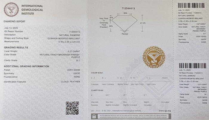 1 pcs Diamant (Natuurlijk gekleurd) - 0.27 ct - Cushion -, Handtassen en Accessoires, Edelstenen