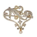 Broche - 18 karaat Geel goud, Zilver - Diamant - Parel - Art, Handtassen en Accessoires, Antieke sieraden