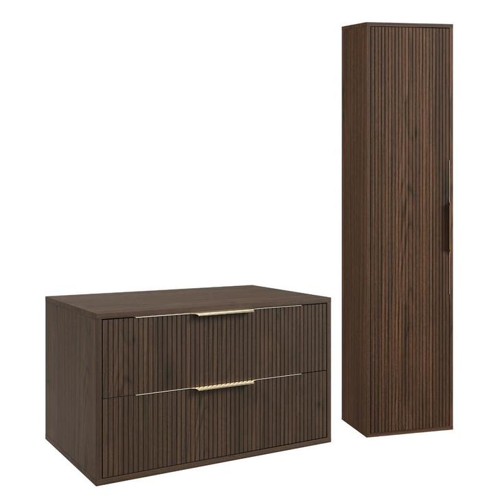 Wastafelkast Rimini 80 cm - Walnoot - met Kolomkast, Huis en Inrichting, Badkamer | Badkamermeubels, Nieuw, Verzenden