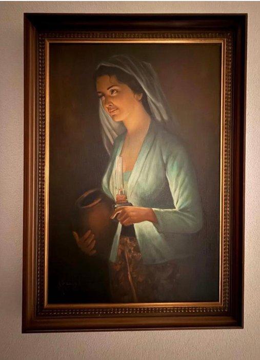 Europese school (XX) - Javaanse jonge vrouw met aarden kruik, Antiek en Kunst, Kunst | Schilderijen | Klassiek