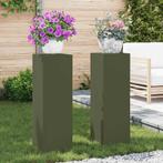 vidaXL Plantenstand 2 pcs Olijfgroen 24 x 24 x 75 cm Staal, Tuin en Terras, Verzenden, Nieuw