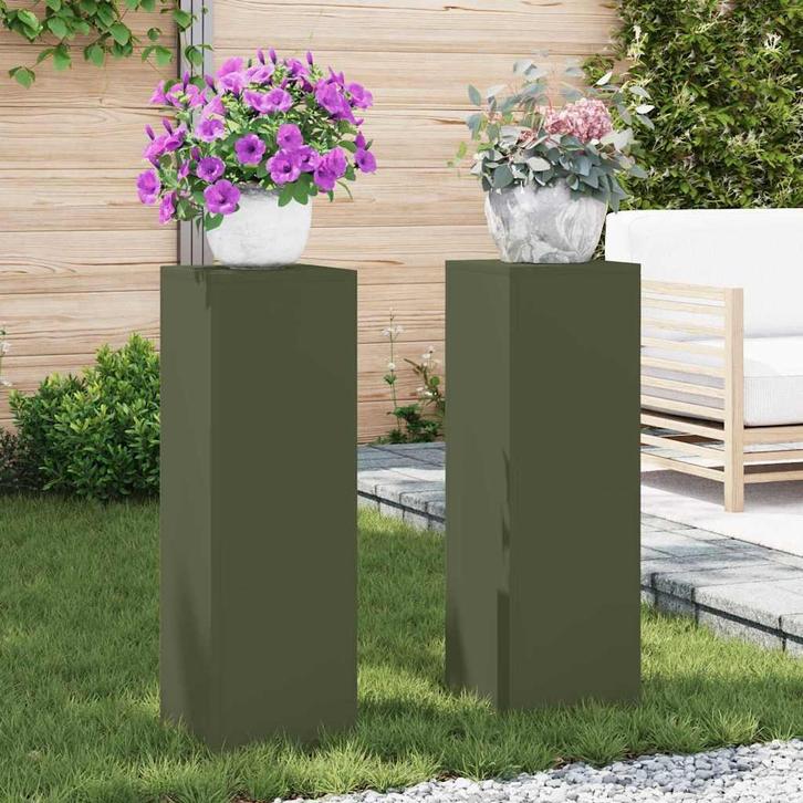 vidaXL Plantenstand 2 pcs Olijfgroen 24 x 24 x 75 cm Staal, Tuin en Terras, Bloembakken en Plantenbakken, Nieuw, Verzenden