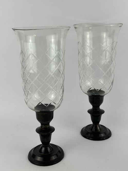 Kandelaar (2) - Glas, Metaal - Een paar grote windlicht, Antiek en Kunst, Curiosa en Brocante