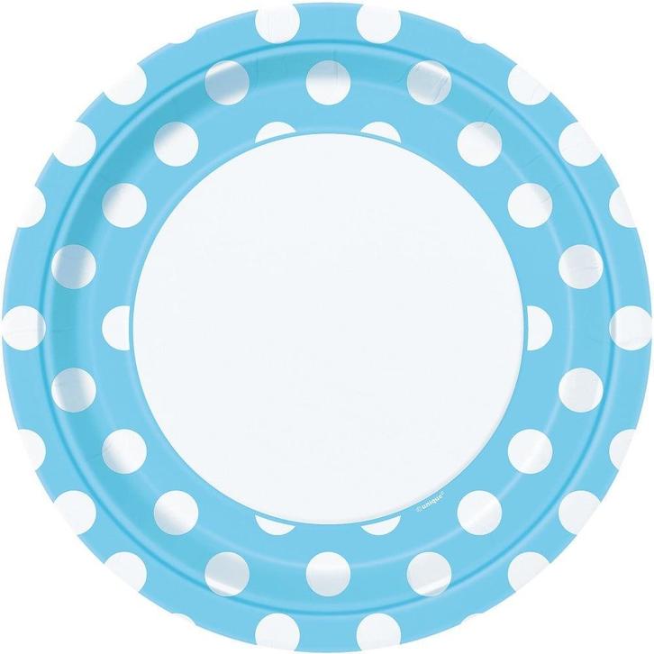 Lichtblauwe Borden Witte Stippen 22,2cm 8st, Hobby en Vrije tijd, Feestartikelen, Nieuw, Verzenden