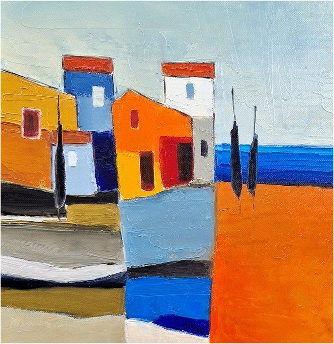 Buffière - Village au bord du lac, Antiek en Kunst, Kunst | Schilderijen | Modern