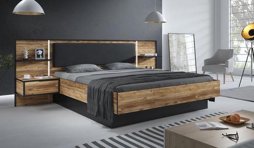 Tweepersoonsbed - Zwart - Eiken - 180x200 cm bed, Huis en Inrichting, Slaapkamer | Bedden, Nieuw, 180 cm, Verzenden