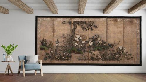 Byôbu  (paravent) - Bois laqué, Soie, Papier, Feuille, Antiek en Kunst, Antiek | Overige Antiek