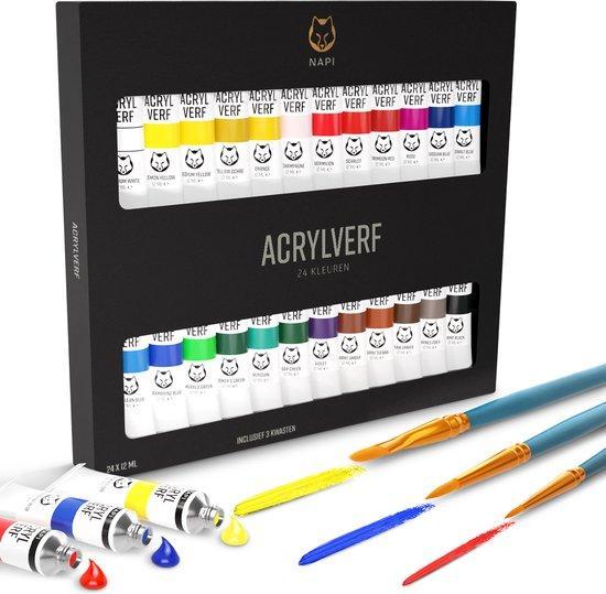 2dekans | NAPI Acrylverf 24 Kleuren + 3 Penselen - Klaar, Kinderen en Baby's, Speelgoed | Educatief en Creatief, Ophalen of Verzenden