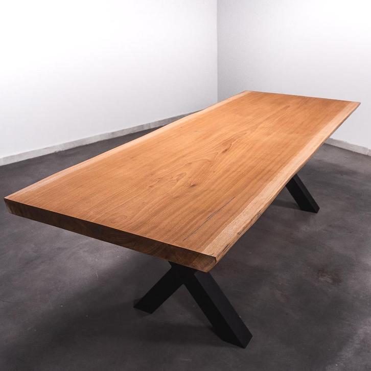 Boomstamtafel, Eettafel 250x105 massief hardhout, metaalpoot, Huis en Inrichting, Tafels | Eettafels, 100 tot 150 cm, 200 cm of meer