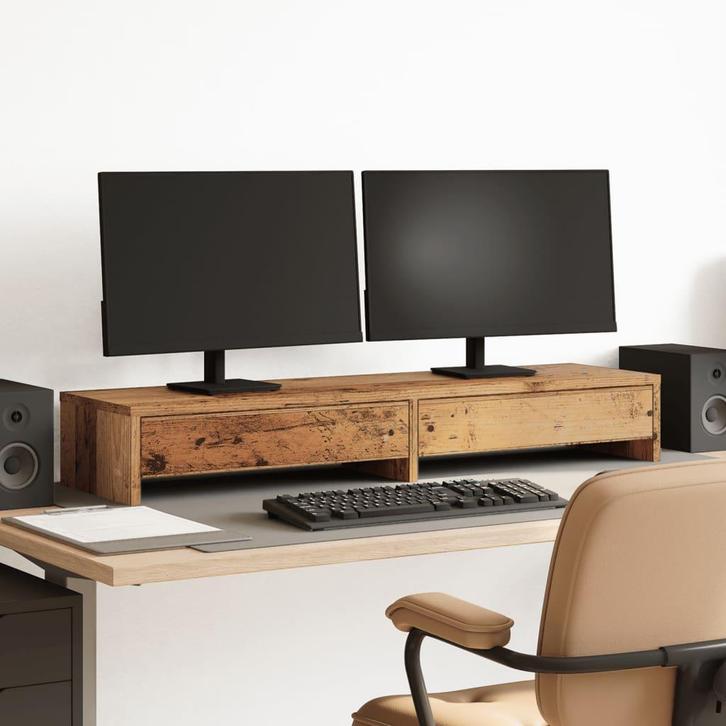 vidaXL Monitorstandaard met lades 100x27x15 cm hout oud, Computers en Software, Overige Computers en Software, Nieuw, Verzenden
