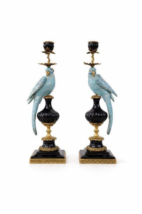 Kaarsenhouder - Porselein, Brons - Exclusief paar papegaaien, Antiek en Kunst, Curiosa en Brocante
