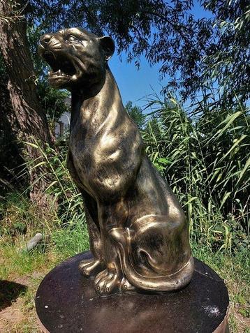 Statue, 80 cm high garden statue panther in bronze color -