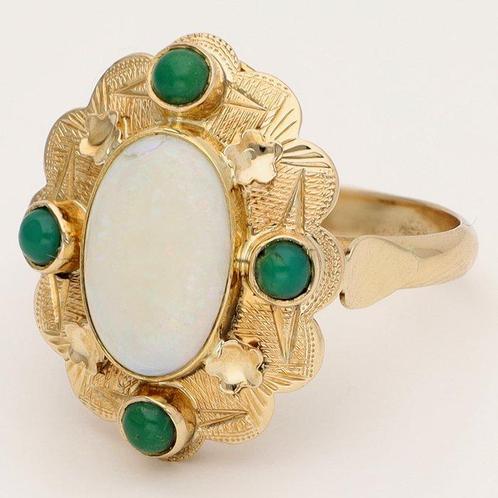 Bague - 14 carats Or jaune Opale - Jade, Handtassen en Accessoires, Ringen