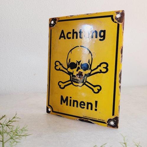 Zeldzaam, Emaille Verbodsbord, Achtung Minen!, Antiek en Kunst, Antiek | Wandborden en Tegels