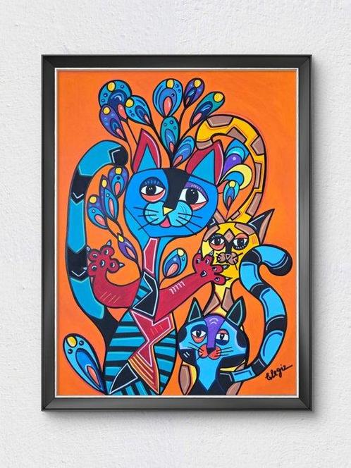 Elena Girardi - 3 GATTI E QUALCHE PIUMA, Antiek en Kunst, Kunst | Schilderijen | Modern