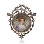 Antique watercolour miniature Anne of Denmark - 9 kt. Goud,
