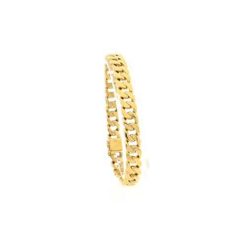 18 Krt. Gouden platte gourmet schakel armband | 22 cm, Handtassen en Accessoires, Armbanden, Overige kleuren, Gebruikt, Goud, Ophalen of Verzenden